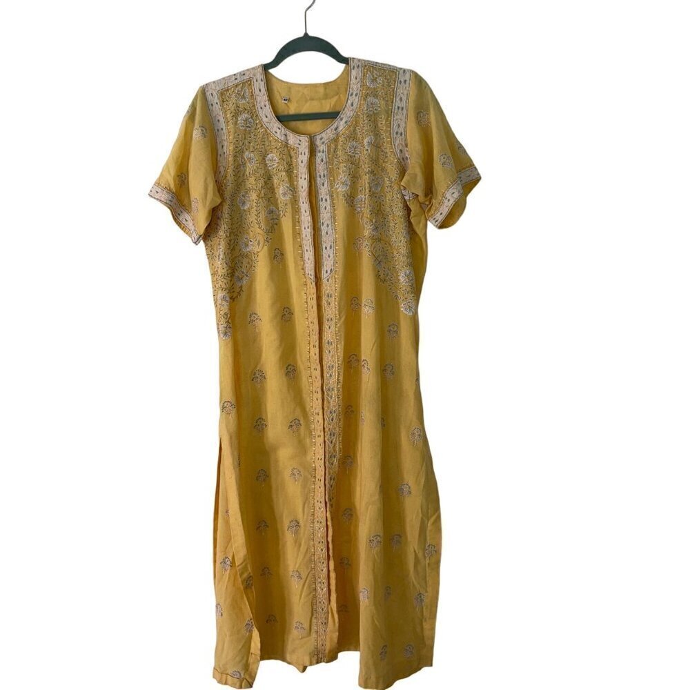 Vintage Womens Dress Size Medium Yellow Floral Embroidered Kurta Side Slits